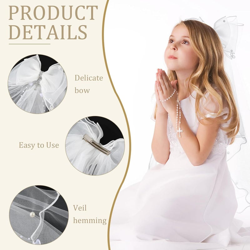 VULETO First Communion Veil Gifts for Girls Catholic White Bow Veil and Headpiece Accessories Set 1st Communion Easter Dress - Image 2